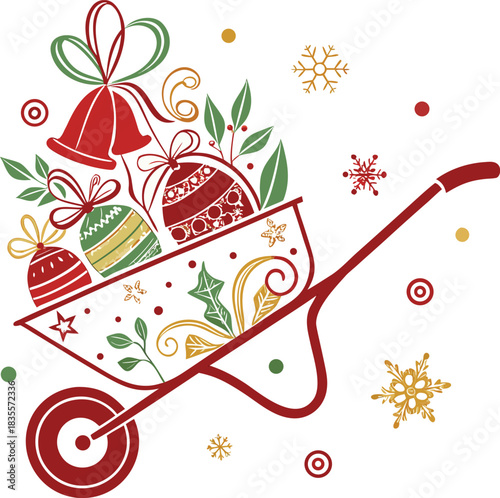 Christmas Wheelbarrow Silhouette Vector.
