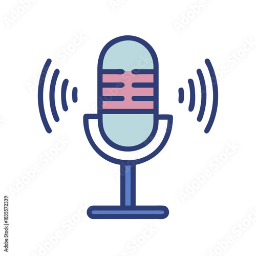 Retro microphone with sound waves emitting on black background, vector illustration
