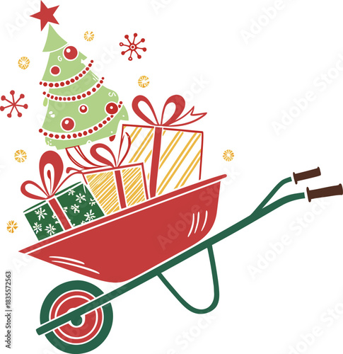 Christmas Wheelbarrow Silhouette Vector.