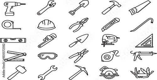 Collection of black and white line art icons representing various construction and hand tool