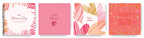 A set of illustrations for Saint Valentine's Day with abstract graphical and botanical elements. Looks cute and fresh. Can be used as greeting cards, invitations, Valentine messages, social media post
