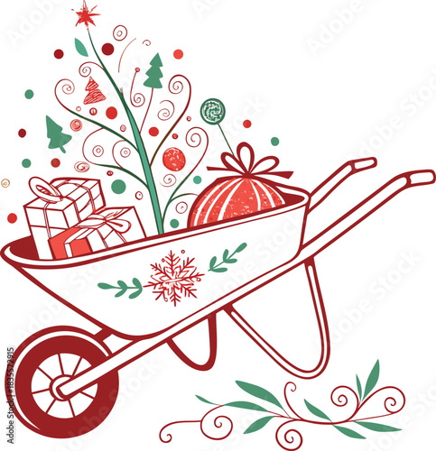 Christmas Wheelbarrow Silhouette Vector.