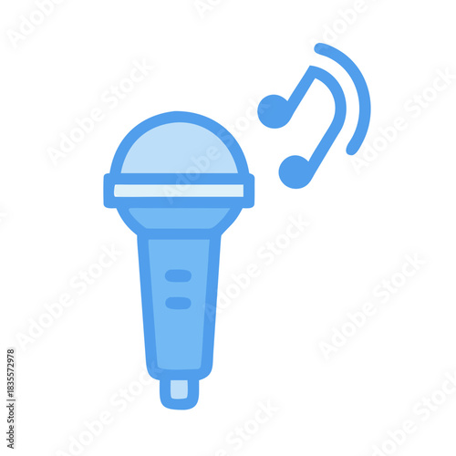 Microphone vector icon design in light blue, music note accent on black