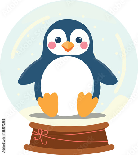  A cute cartoon penguin with rosy cheeks sits inside a festive snow globe surrounded by falling snow.
