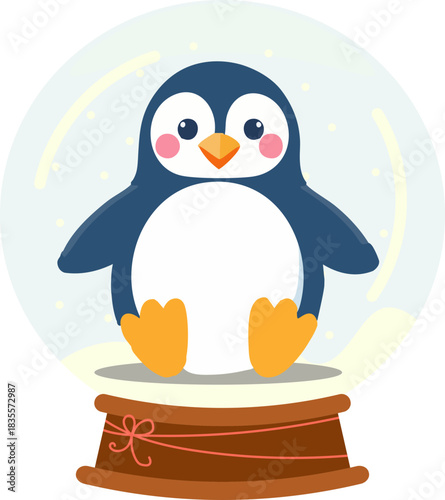  A cute cartoon penguin with rosy cheeks sits inside a festive snow globe surrounded by falling snow.