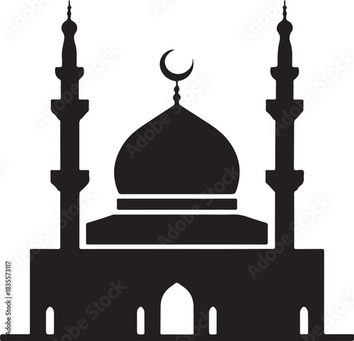 Minimal silhouette style vector mosque logo design featuring clean black shapes, elegant architectural domes, simple line art, modern Islamic branding icon ideal for cultural projects, spiritual theme