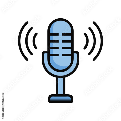 Blue microphone with transmission waves icon, modern minimalistic illustration on black