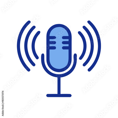 Blue microphone with broadcast waves for podcasting and audio recording