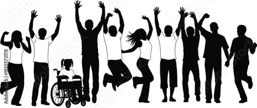 A cheerful silhouette collection of diverse people, including adults and a child in a wheelchair, jumping, celebrating, and cheering for joy and inclusion