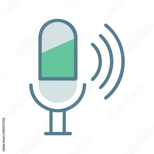 Iconic microphone design emitting audio waves, suitable for podcasting and voice recording