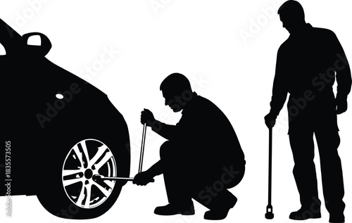 Car maintenance silhouette illustration—vector of two people changing tire with tools and front car detail