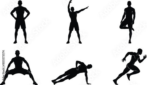 Set of Male Martial Arts Silhouettes, Figures Performing Karate and Taekwondo Techniques with Punching and Defensive Blocking Stances for Self-Defense Training Vector Graphic Isolated.