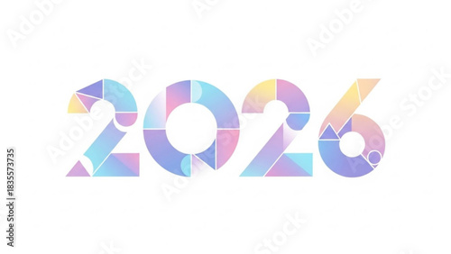 Modern geometric design featuring the year 2026 in a pastel gradient with abstract shapes and clean white background for a futuristic and celebratory feel