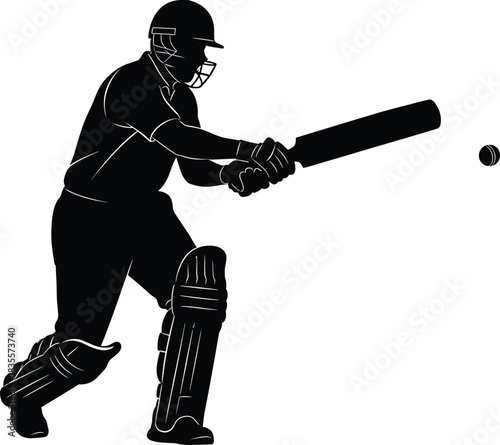 Cricket batsman silhouette illustration—vector of player in full gear preparing to hit approaching ball