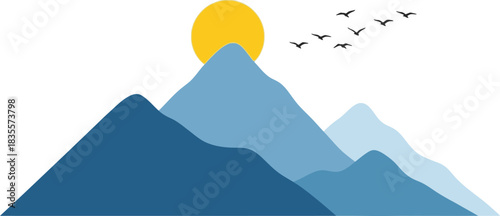 Serene mountain landscape with a golden sun and a flock of birds soaring in a clear blue sky isolated on white background