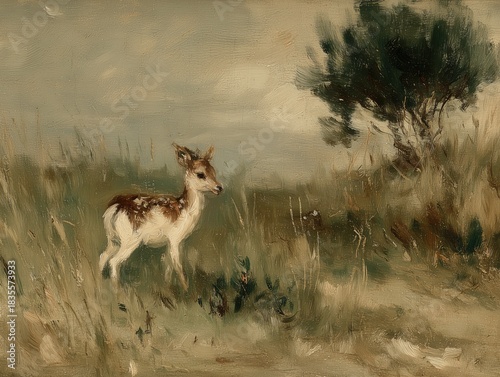 Majestic deer standing on misty forest clearing at sunrise with soft golden light breaking through fog, cinematic landscape with distant trees and mountains. Peaceful atmosphere of wilderness and free