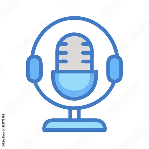 Microphone icon with headphones in blue tones, flat vector illustration