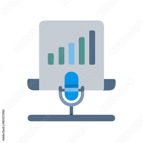 Podcast studio concept: Bar graph screen with microphone for recording data analysis