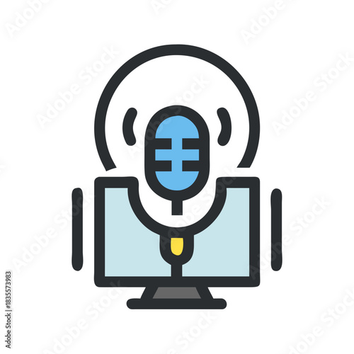 Podcast Recording Setup on Computer Screen Icon Design with Black Background