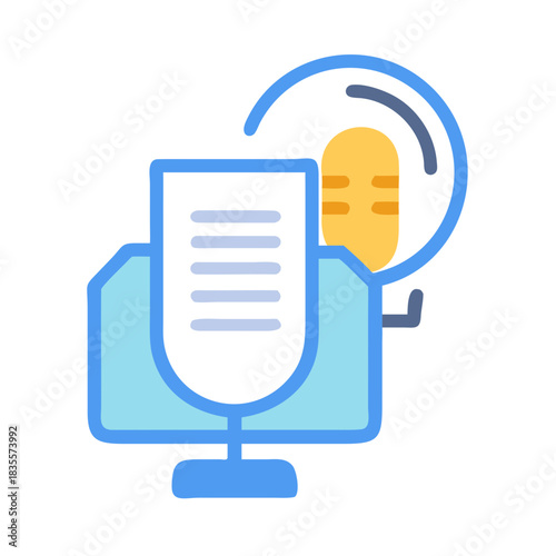 Stylized podcast recording station concept with microphone and computer icon on black