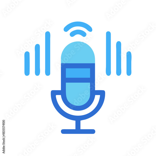 Stylized microphone icon with signal waves in shades of blue on black backdrop
