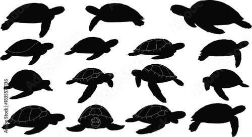 Set of Sea Turtle and Tortoise Silhouettes Collection, Marine Reptiles Swimming and Crawling in Various Poses for Wildlife Conservation and Ocean Life Vector Design Isolated.