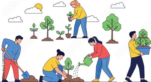 Diverse people actively planting trees and watering saplings in a collaborative community gardening scene isolated on white background