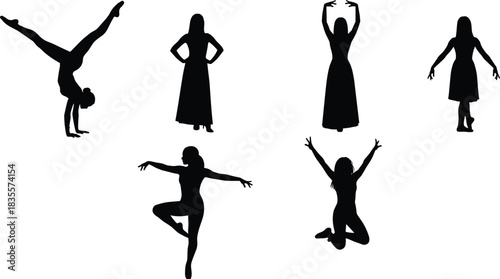 Diverse Set of Dance Silhouettes, Featuring Female Figures in Dynamic Ballet, Modern, and Performance Poses with Flowing Hair and Dresses on White Background.