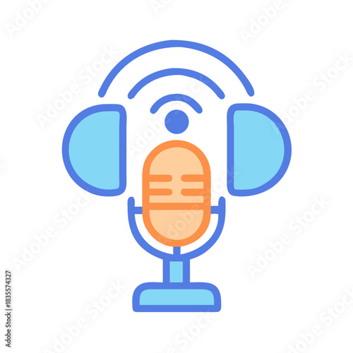Podcast Recording Set with Microphone and Headphones, Flat Vector Illustration on Black