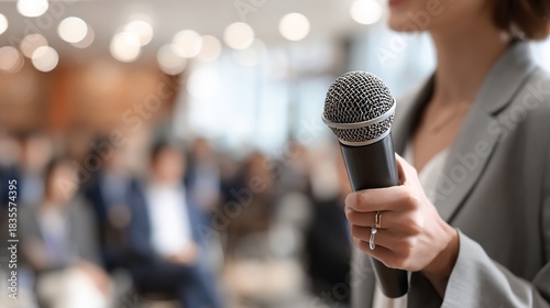 Eloquent Speech: A presenter at a conference grips a microphone, poised to deliver an eloquent speech to an engaged audience, emphasizing communication and effective articulation.