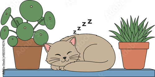 Cozy cat napping peacefully between two lush potted plants on a shelf a whimsical and serene scene for home decor and animal lovers isolated on white background