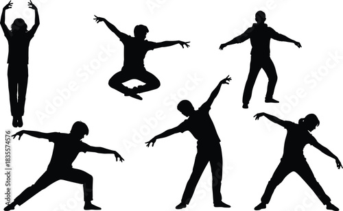 Silhouettes of People Engaged in Dynamic Fitness Activities, Dance, and Exercise Poses, Demonstrating Health, Wellness, Energy, and Active Lifestyle Movement on White Background.