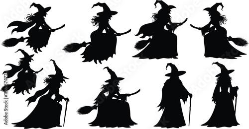 Spooky Halloween Witch Silhouettes Collection, Flying on Brooms and Standing with Canes, Scary Witches for Holiday Decoration and Magical Vector Design Isolated on White