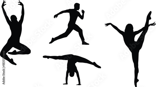 Dynamic Male Athlete Silhouettes Collection, Figures in Action Poses of Jumping, Running, Handstands, and Extreme Stretching for Sports Training and Performance Vector Graphic Design Isolated.