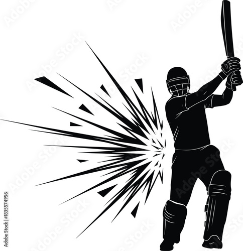 Cricket power shot silhouette illustration—vector of batsman in full gear with dynamic burst impact