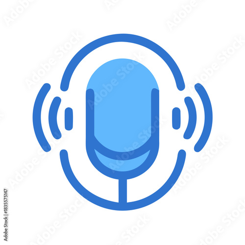 Microphone icon with sound waves in blue on a black background