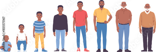 Male human life stage illustration set from infancy to old age for educational, medical, and lifestyle design themes.