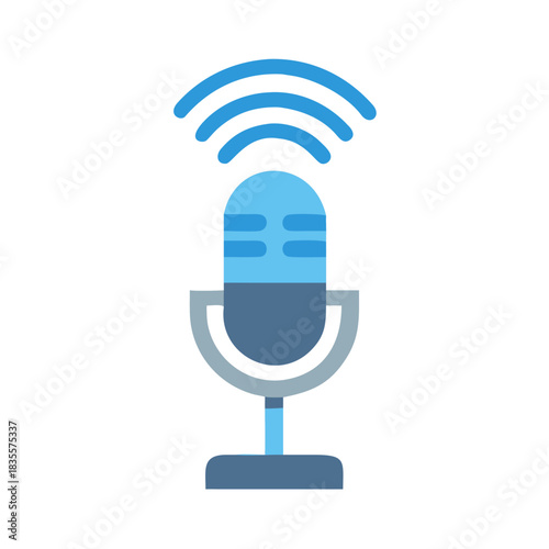 Blue microphone with waves icon representing podcasting or audio recording concept
