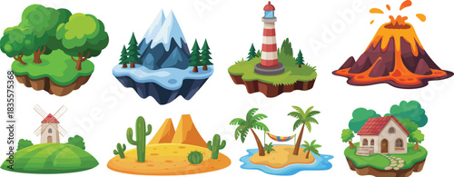 Stylized cartoon landscape illustration set featuring diverse ecosystems and terrains for game design, storytelling, and educational themes.