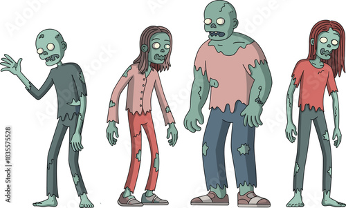 Stylized cartoon zombie character set featuring humorous undead designs with wounds, tattered clothing, and varied body shapes.