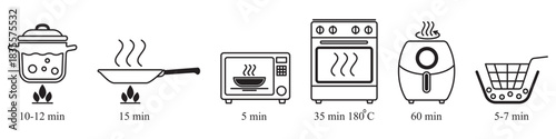 Cooking time icons for kitchen appliances isolated on transparent background. Linear set with temperature and time symbols for air fryer, oven, saucepan, frying pan, microwave, and deep fryer.