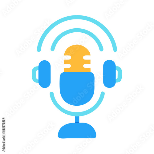Vibrant flat vector icon of microphone with sound waves and headphone accents