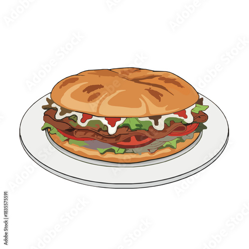 Deliciously prepared savory sandwich illustration served on a white plate, showcasing layers of fresh ingredients, succulent meat, crisp vegetables, and creamy sauces for a mouth-watering meal