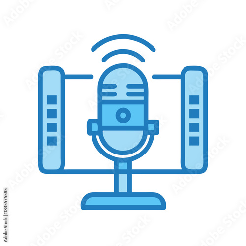 Blue microphone with equalizer bars isolated on a black background for podcasting
