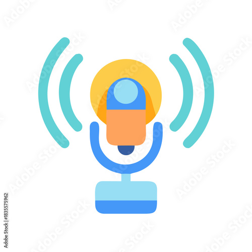 Microphone icon with signal waves in flat design style on black background