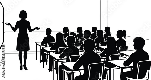 Teacher instructing students in classroom during lesson showing education and learning environment with desk and chair arrangement isolated on white background