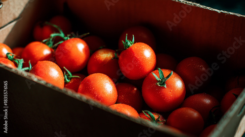 Tomatoes in a box are waiting for you.