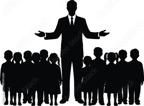 Leader speaker silhouette addressing diverse crowd audience group business meeting presentation concept isolated on white background