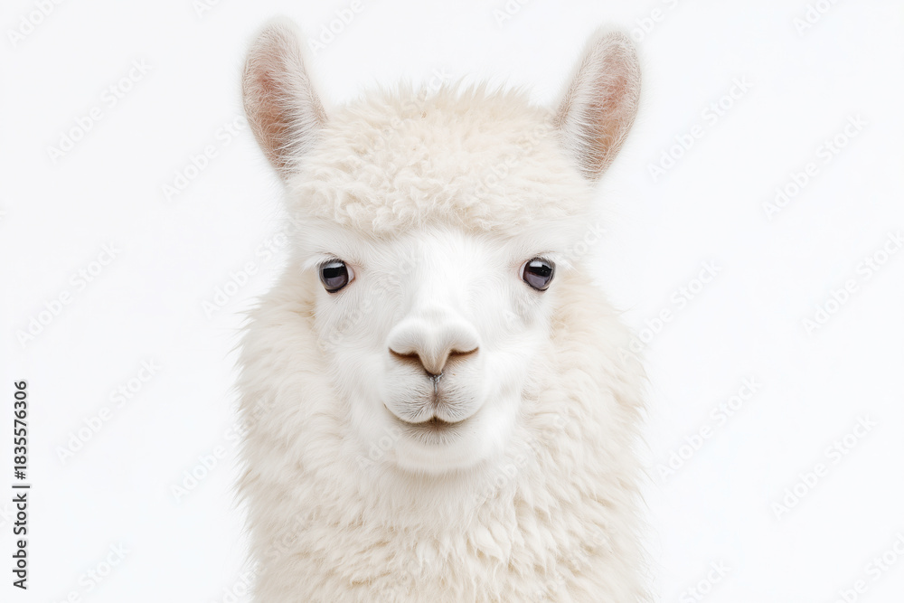 Obraz premium 2026 color trend. Fluffy white llama close-up portrait against a bright white background, showcasing its soft fur texture and gentle expression, perfect for animal lovers and nature enthusiasts