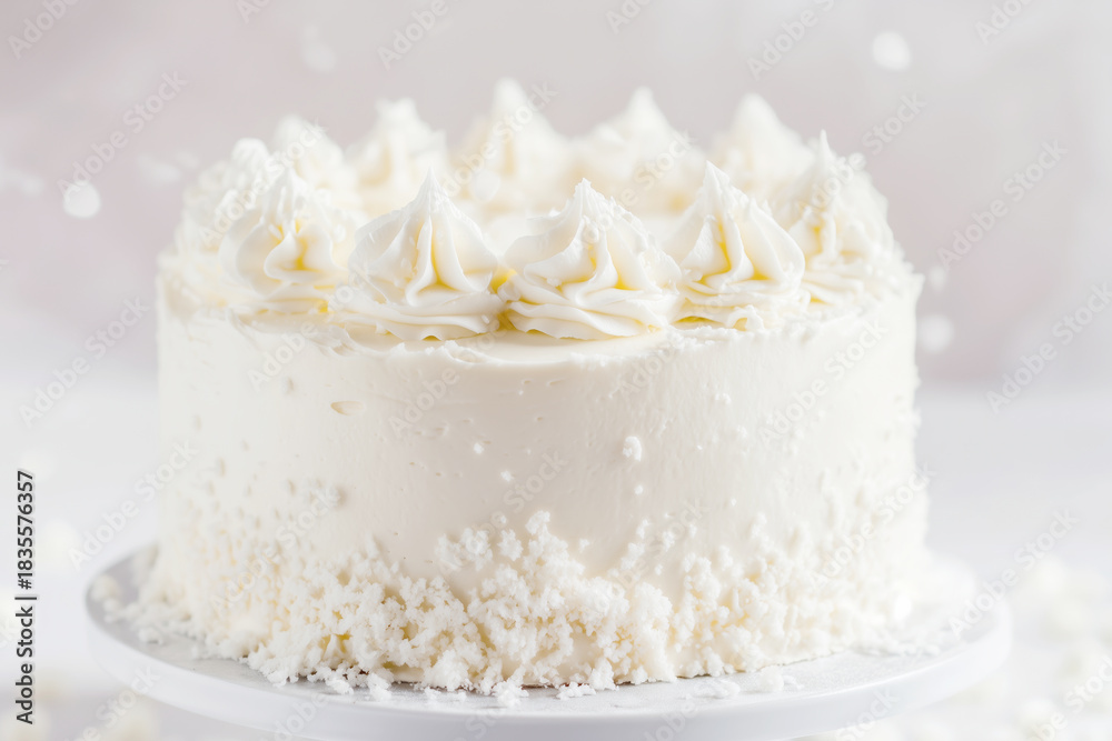 Fototapeta premium 2026 color trend. Intricately decorated white cake with delicate frosting swirls, presented on a cake stand, showcasing a delightful dessert perfect for celebrations and special occasions